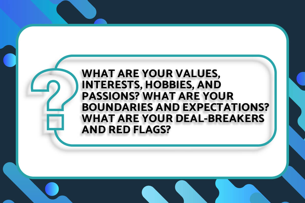 What are your values, interests, hobbies, and passions? What are your boundaries and expectations? What are your deal-breakers and red flags?