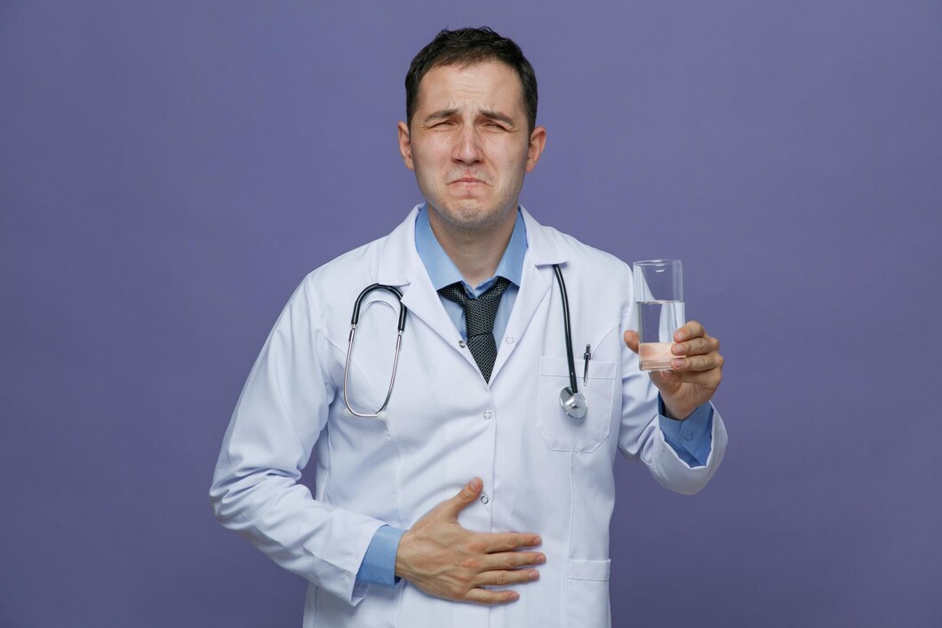 aching young male doctor wearing medical robe stethoscope around neck holding glass water looking camera while keeping hand belly isolated purple background 141793 135105 Design for Recovery
